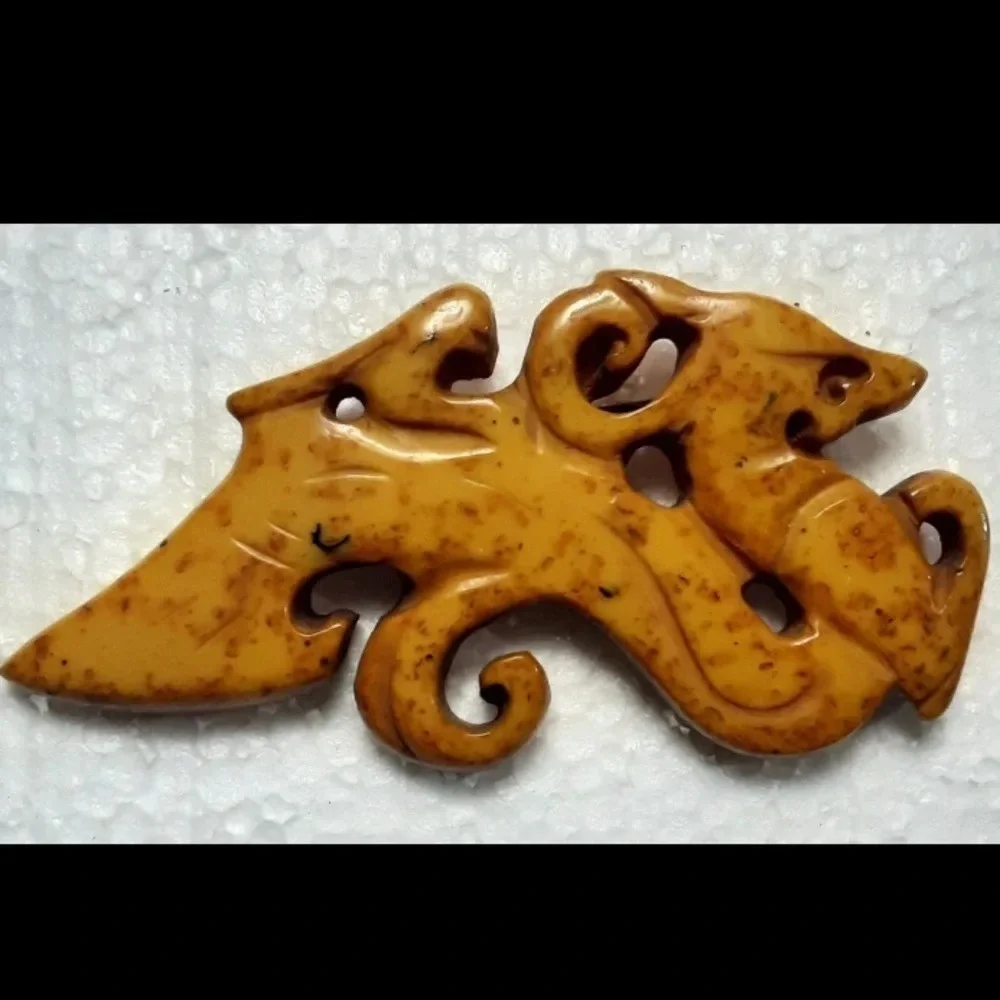 BAKELITE 1930s Vintage Marbled Butterscotch RARE Carved Dragon Brooch Pin OOAK